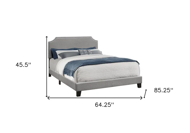 Gray Queen Upholstered Bed Frame with Nailhead Trim
