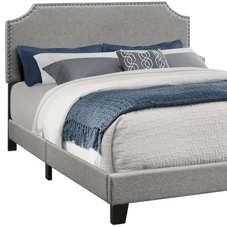 Gray Queen Upholstered Bed Frame with Nailhead Trim
