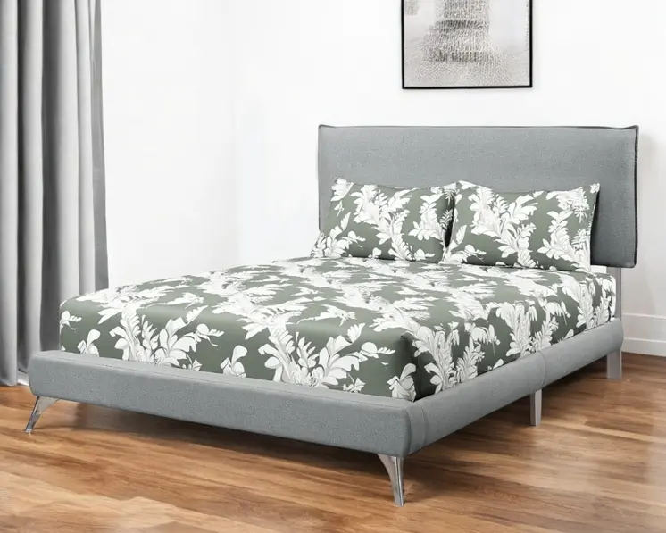 Gray Solid Wood Queen Upholstered Linen Bed Frame with Nailhead Trim