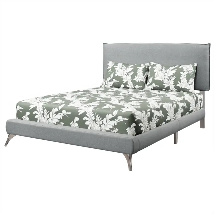 Gray Solid Wood Queen Upholstered Linen Bed Frame with Nailhead Trim