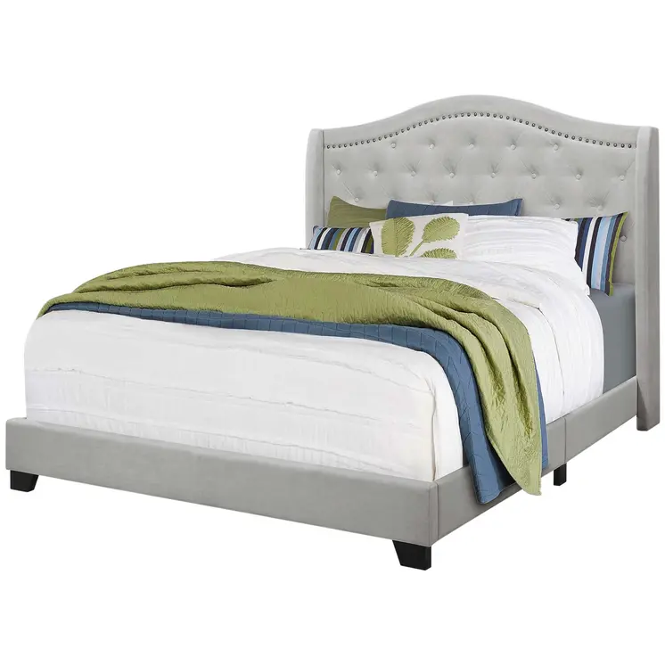 Light Gray and Gray Wood Tufted Upholstered Queen Bed Frame with Nailhead Trim