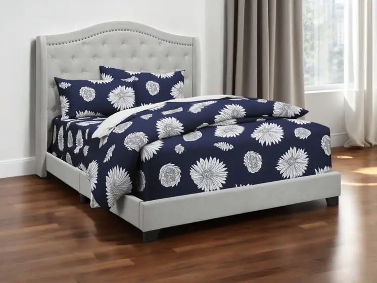 Light Gray and Gray Wood Tufted Upholstered Queen Bed Frame with Nailhead Trim