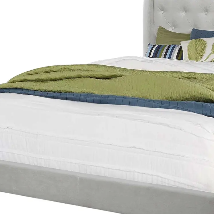 Light Gray and Gray Wood Tufted Upholstered Queen Bed Frame with Nailhead Trim