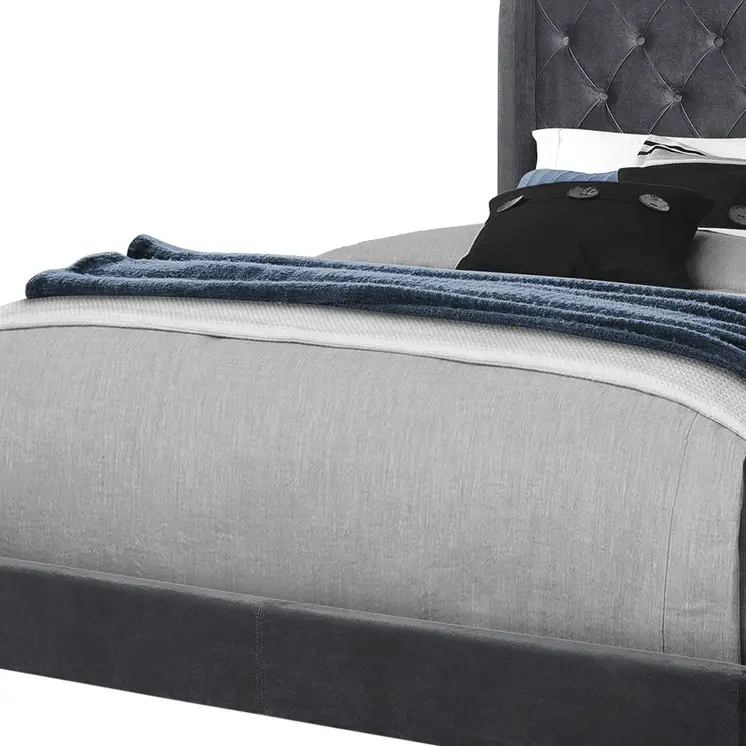 Dark Gray Wood And Tufted Velvet Queen Bed Frame