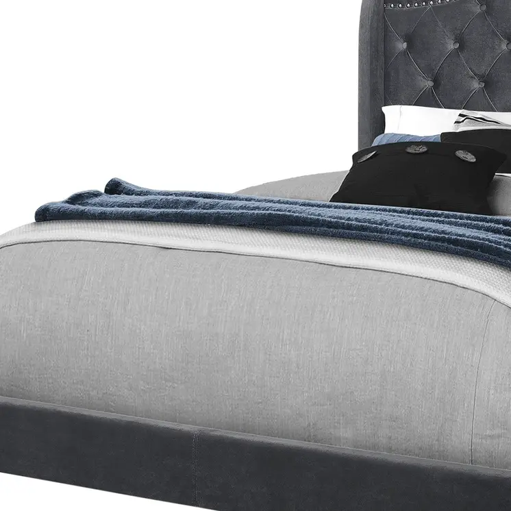 Dark Gray Wood And Tufted Velvet Queen Bed Frame