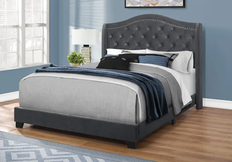 Dark Gray Wood And Tufted Velvet Queen Bed Frame