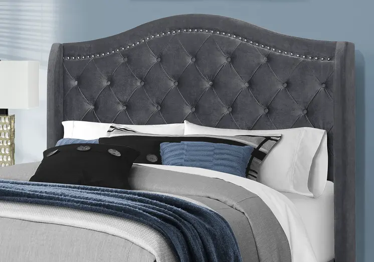 Dark Gray Wood And Tufted Velvet Queen Bed Frame