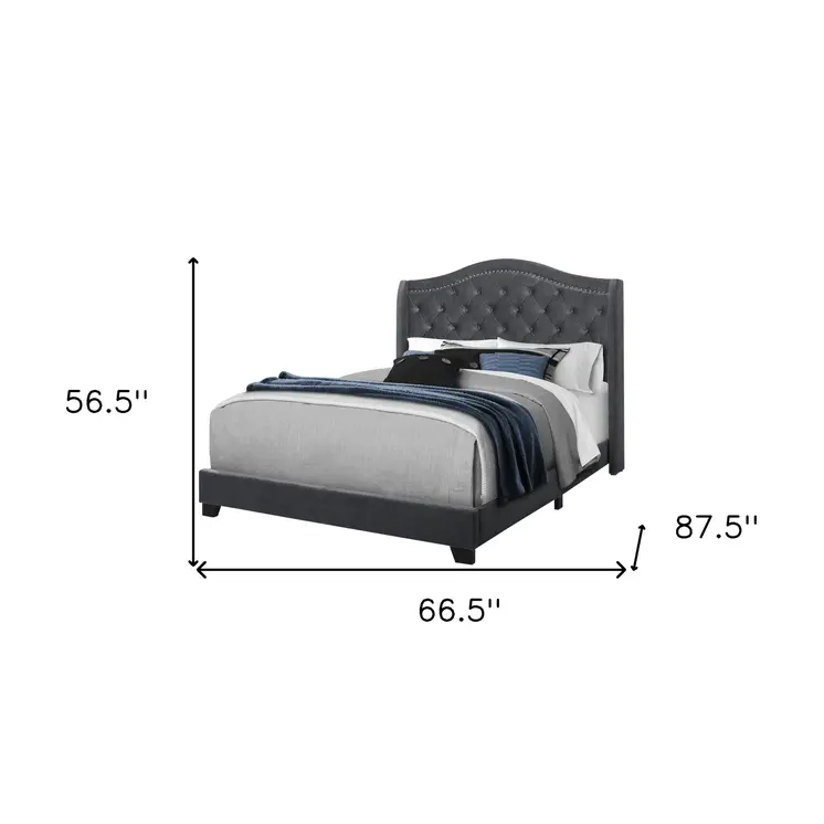 Dark Gray Wood And Tufted Velvet Queen Bed Frame