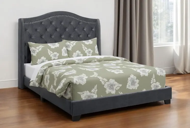 Dark Gray Wood And Tufted Velvet Queen Bed Frame
