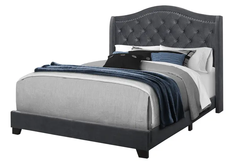 Dark Gray Wood And Tufted Velvet Queen Bed Frame