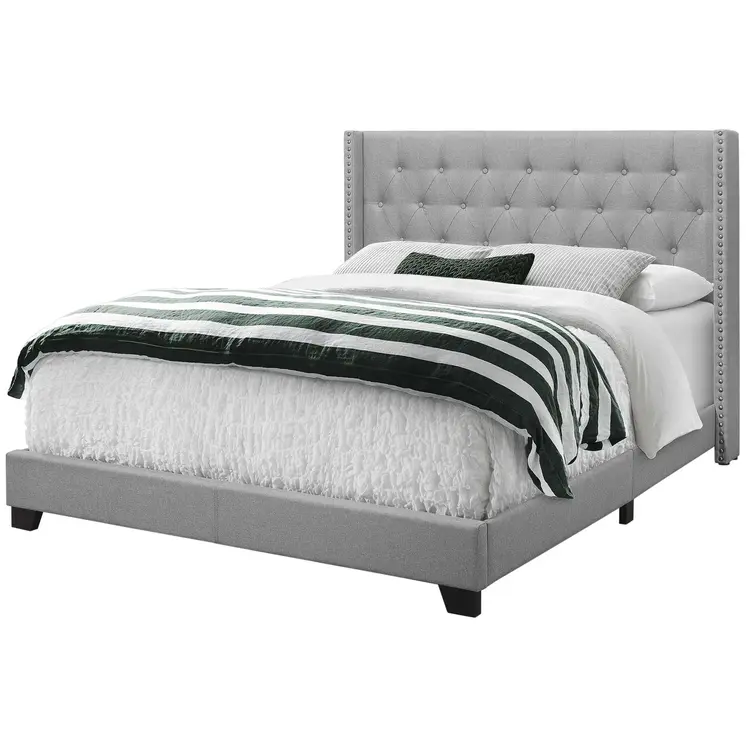 Gray Solid Wood And Tufted Linen Queen Bed Frame with Nailhead Trim