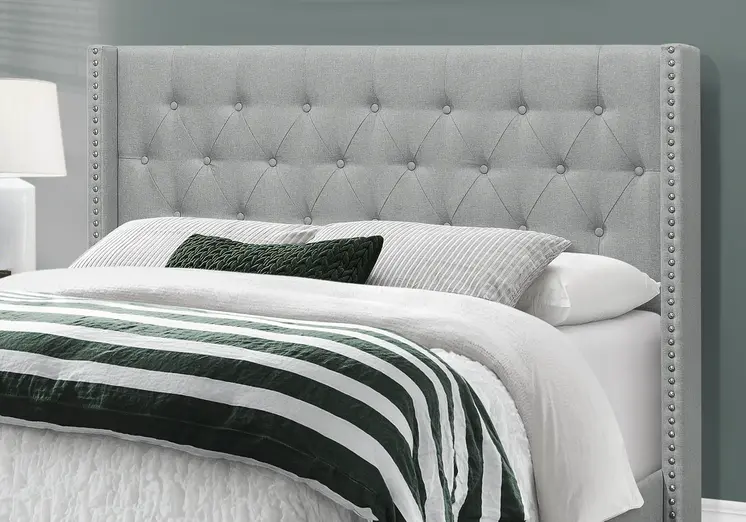 Gray Solid Wood And Tufted Linen Queen Bed Frame with Nailhead Trim