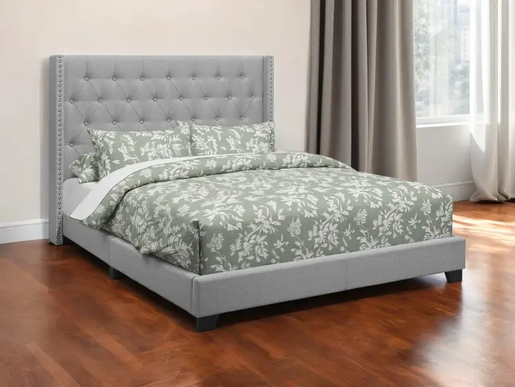 Gray Solid Wood And Tufted Linen Queen Bed Frame with Nailhead Trim