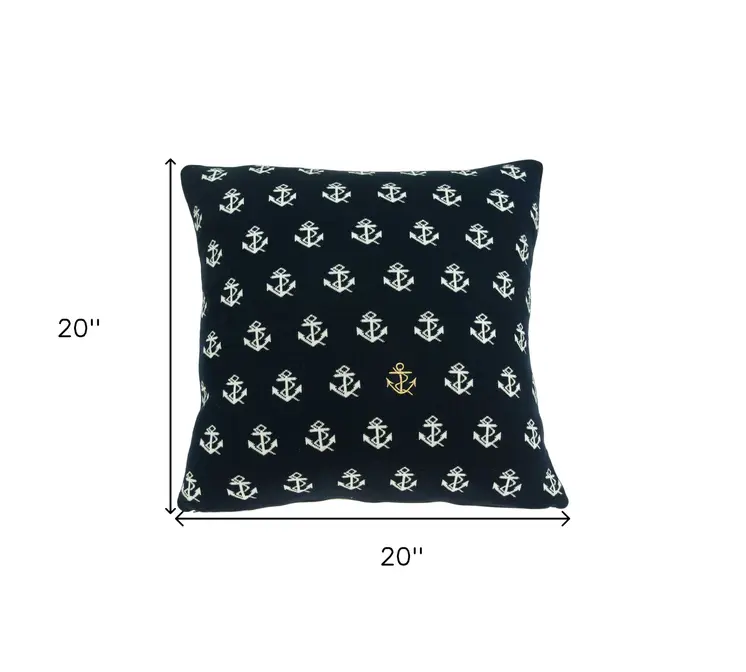 20" Blue and Off White Reversible Nautical Anchor Cotton Throw Pillow