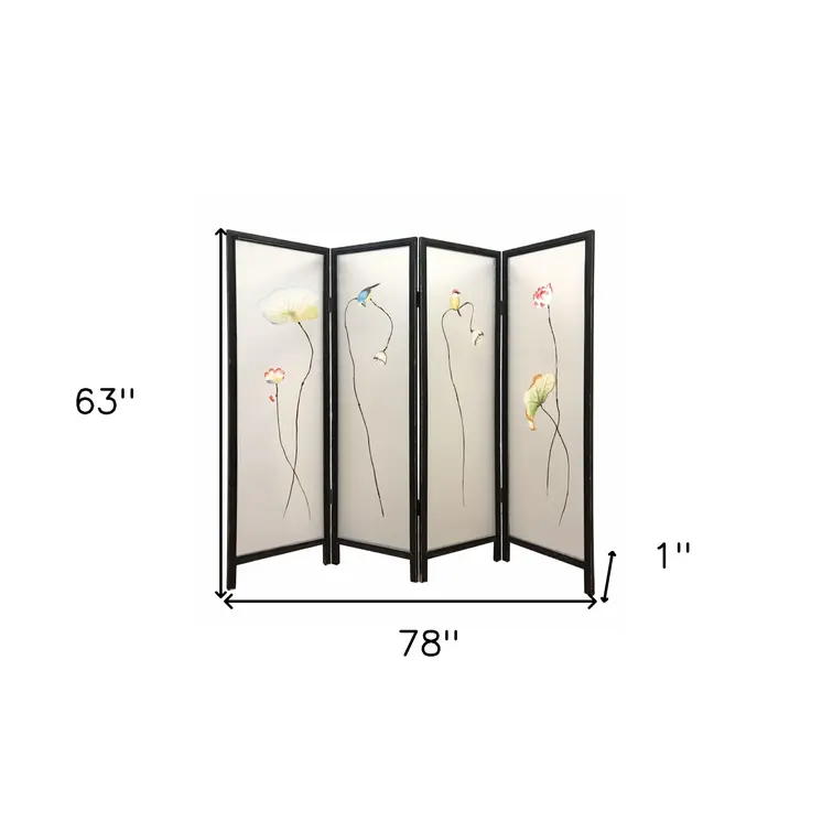 63" Black and White Fabric Folding Four Panel Screen Room Divider