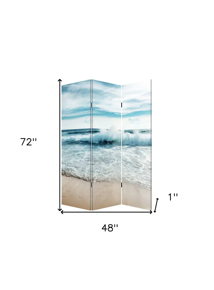 72" Blue and White Canvas Folding Three Panel Screen Room Divider