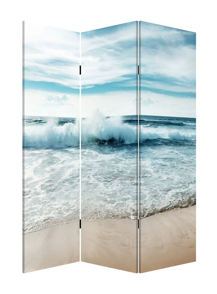 72" Blue and White Canvas Folding Three Panel Screen Room Divider