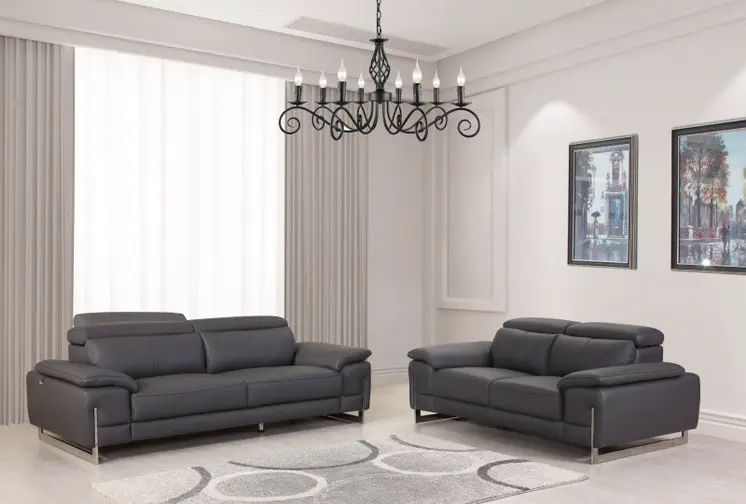 Two Piece Indoor Dark Gray Italian Leather Five Person Seating Set