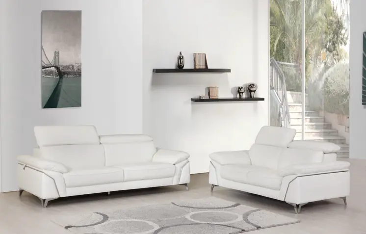 Two Piece Indoor White Italian Leather Five Person Seating Set