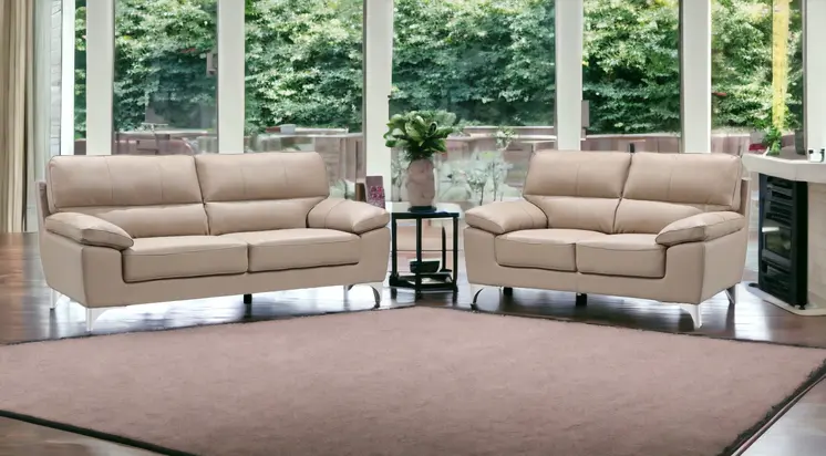 Two Piece Indoor Beige Faux Leather Five Person Seating Set