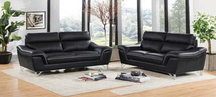 Two Piece Indoor Black Genuine Leather Five Person Seating Set