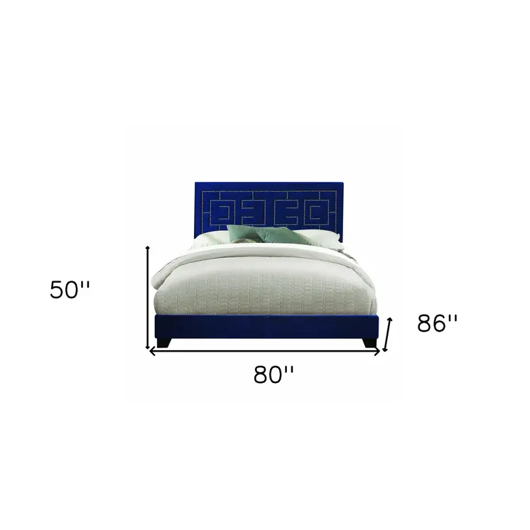 Dark Blue And Velvet Bed Frame with Nailhead Trim