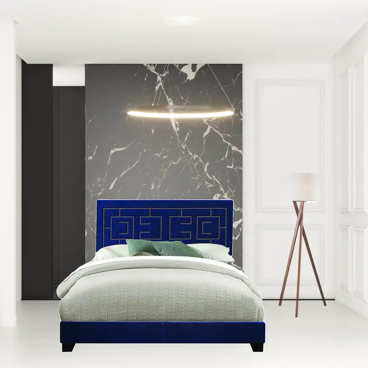 Dark Blue And Velvet Bed Frame with Nailhead Trim