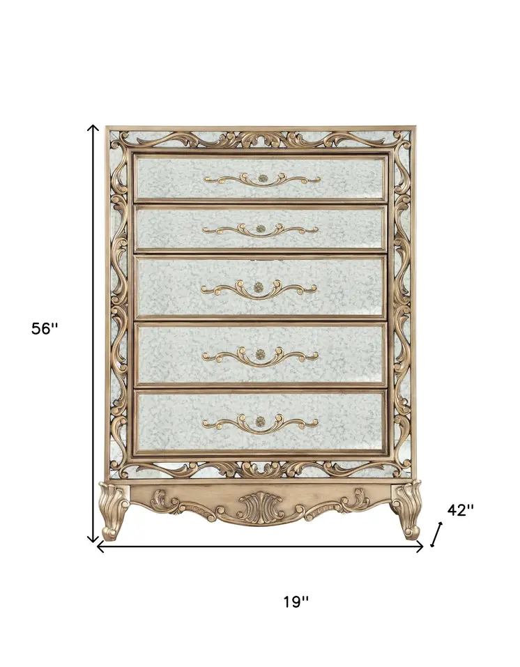 19" X 42" X 56" Antique Gold Wood Mirror Chest