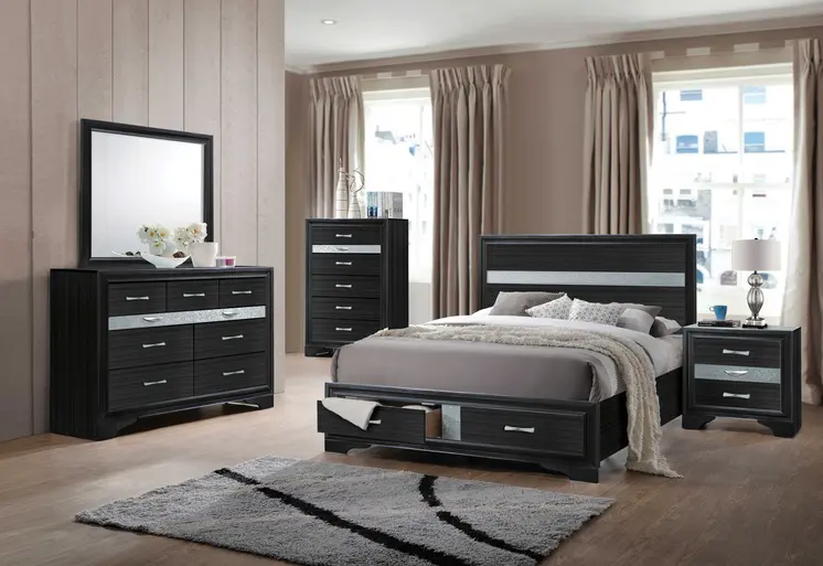 Black Gray and Silver Faux Crystal Bling Wood King Bed Frame With Two Drawers