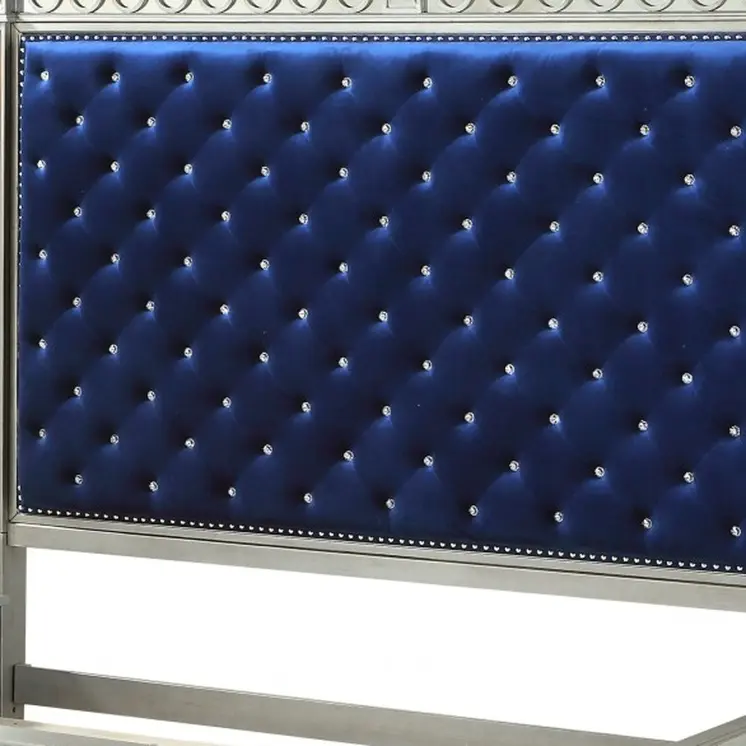 King Tufted Blue Upholstered Velvet Bed With Nailhead Trim
