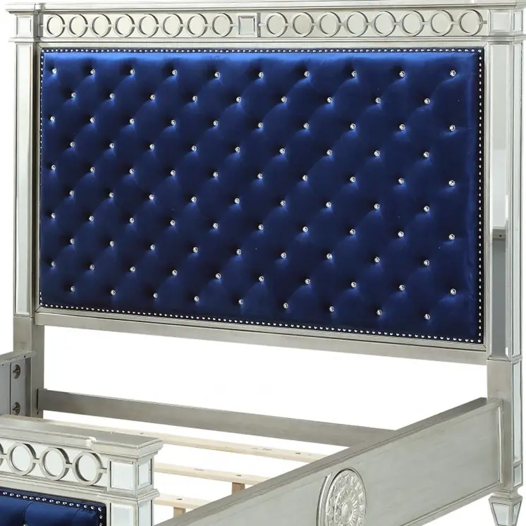 King Tufted Blue Upholstered Velvet Bed With Nailhead Trim