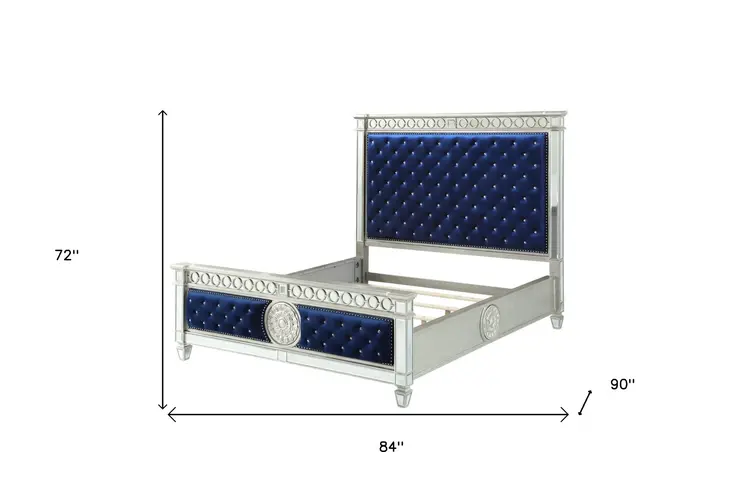 King Tufted Blue Upholstered Velvet Bed With Nailhead Trim