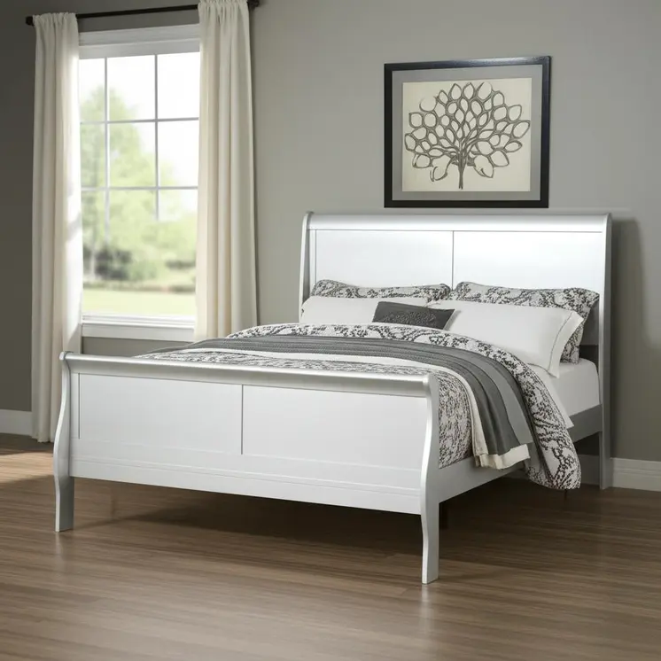 Silver Wood Queen Sleigh Bed Frame