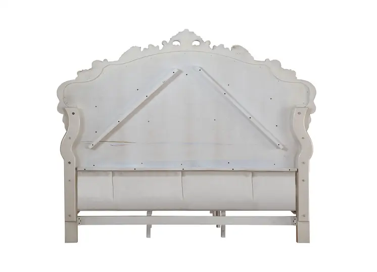 Antiqued White Queen Tufted Upholstered Silk Bed Frame with Nailhead Trim
