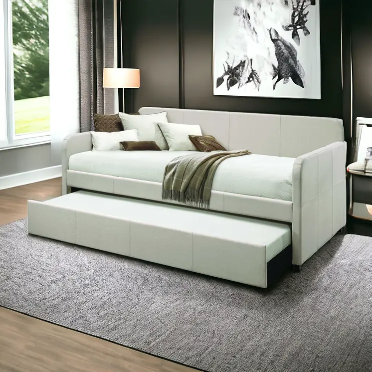 White and Light Gray Wood And Linen Twin Bed Frame