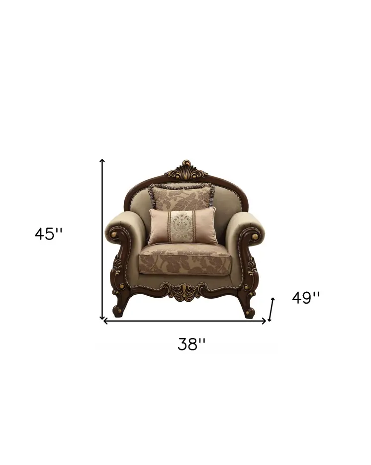 38" Beige and Brown Velvet Floral Arm Chair And Toss Pillows