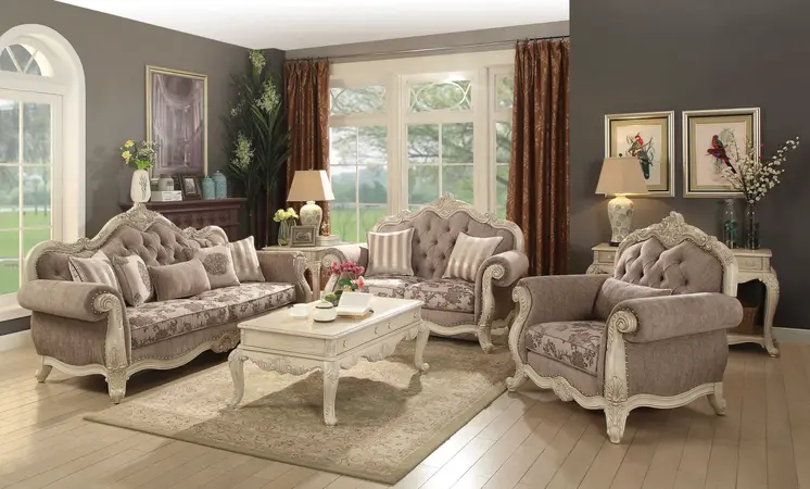 35" Gray and Antiqued White Fabric Floral Tufted Chesterfield Chair And Toss Pillow