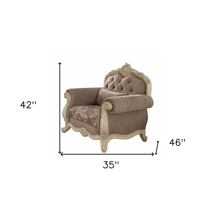 35" Gray and Antiqued White Fabric Floral Tufted Chesterfield Chair And Toss Pillow