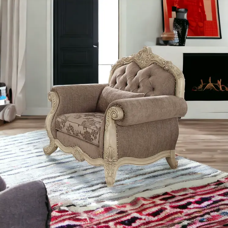 35" Gray and Antiqued White Fabric Floral Tufted Chesterfield Chair And Toss Pillow