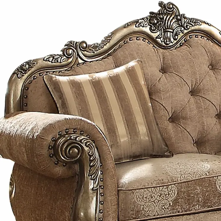 69" Brown And Platinum Damask Chesterfield Loveseat