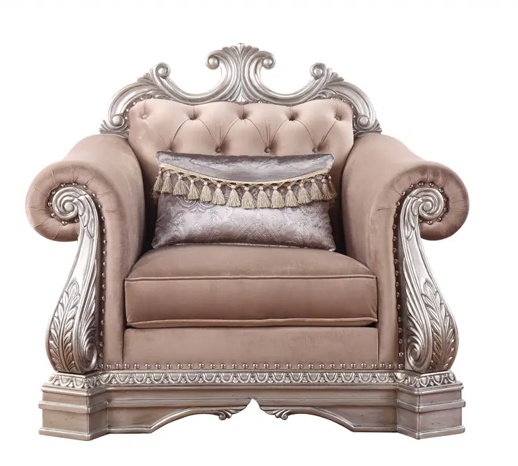 42" Cherry Blossom Pink and Silver Velvet Tufted Arm Chair And Toss Pillow