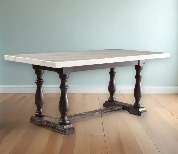 72" White and Gray Marble And Solid Wood Trestle Base Dining Table
