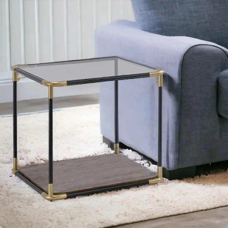 24" Black/Gold And Clear Glass End Table