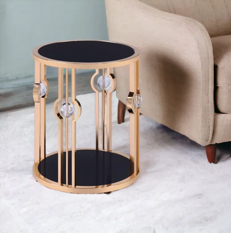 24" Gold And Black Glass Round End Table