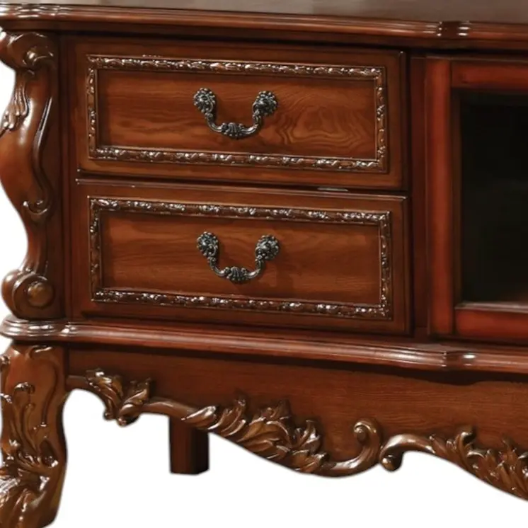 79" Brown Carved Scrollwork Wood And Glass Entertainment Center