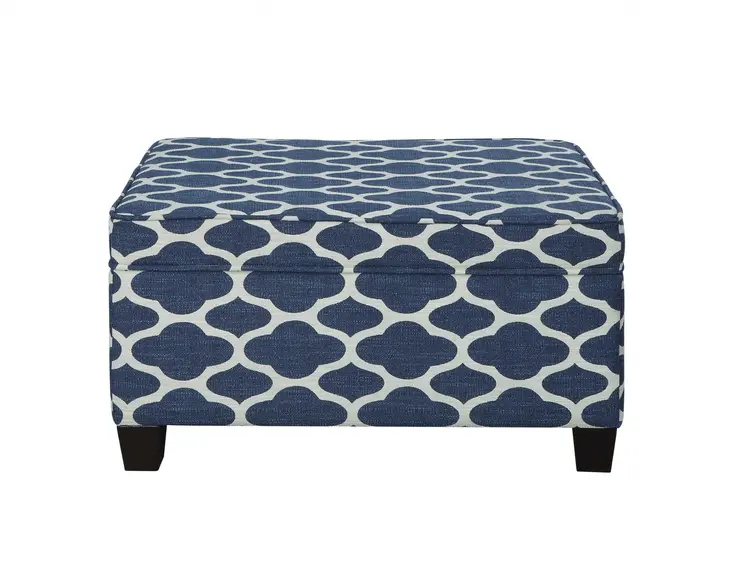 26" Blue and White and Black Upholstered Linen Blend Geometric Bench with Flip top