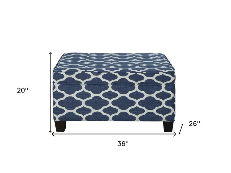 26" Blue and White and Black Upholstered Linen Blend Geometric Bench with Flip top