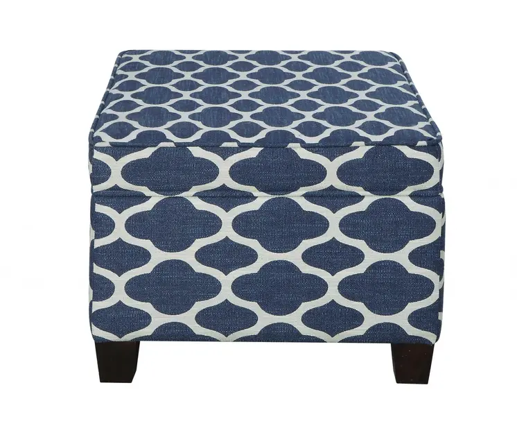 26" Blue and White and Black Upholstered Linen Blend Geometric Bench with Flip top