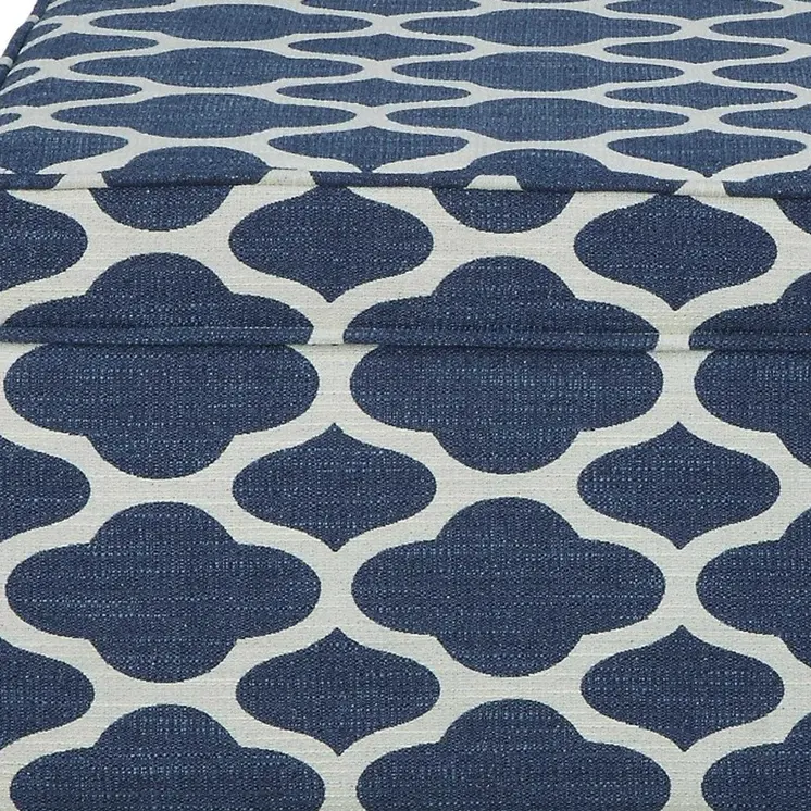 26" Blue and White and Black Upholstered Linen Blend Geometric Bench with Flip top