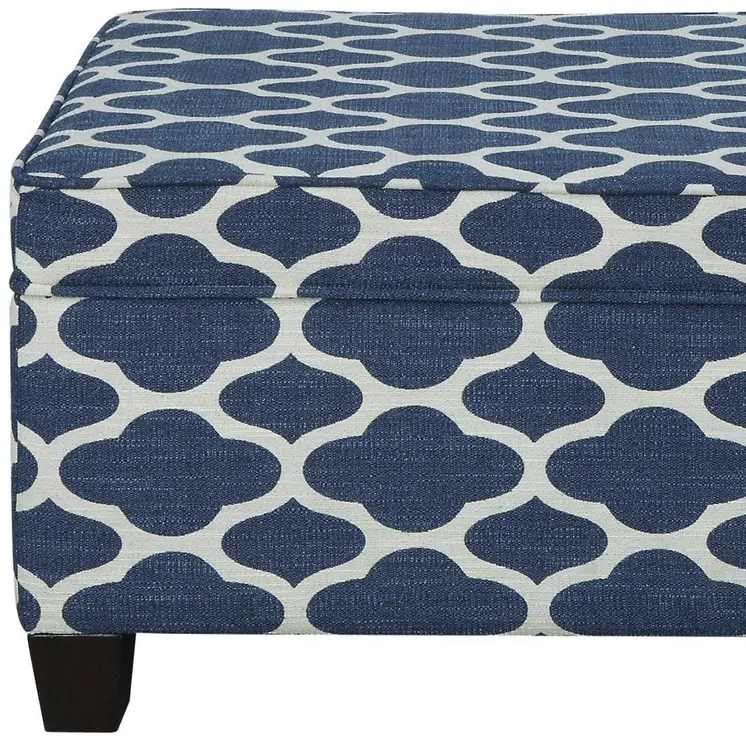 26" Blue and White and Black Upholstered Linen Blend Geometric Bench with Flip top